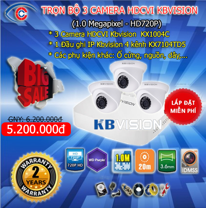 trọn bộ 3 camera kbvision 1.0 giá rẻ tại hải phòng