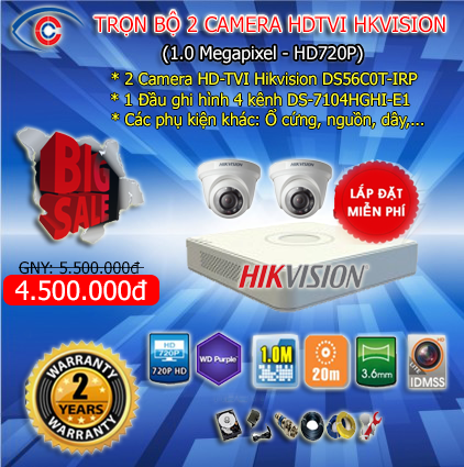 trọn bộ 2 camera hikvision 1.0 giá rẻ tại hải phòng