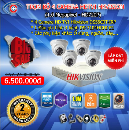 trọn bộ 4 camera hikvision 1.0 giá rẻ tại hải phòng