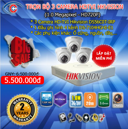 trọn bộ 3 camera hikvision 1.0 giá rẻ tại hải phòng